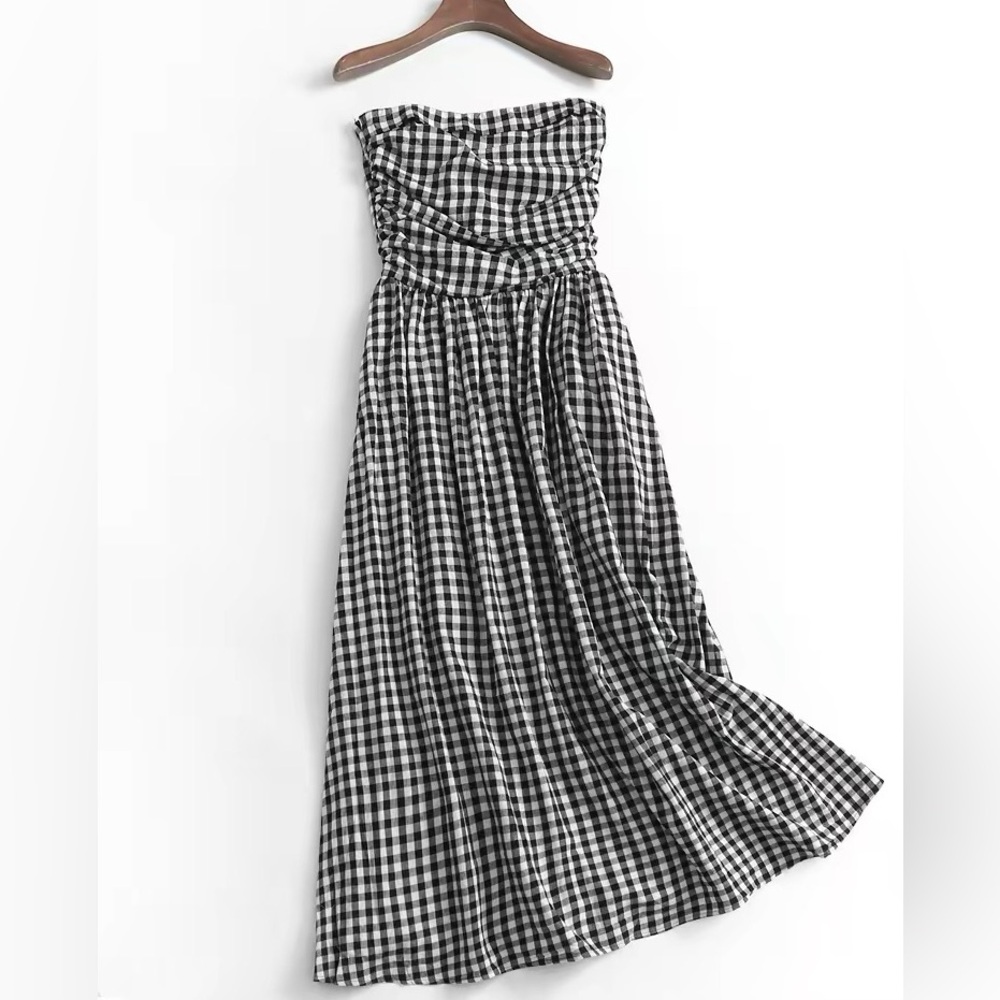 Strapless Black & White Gingham Maxi Dress